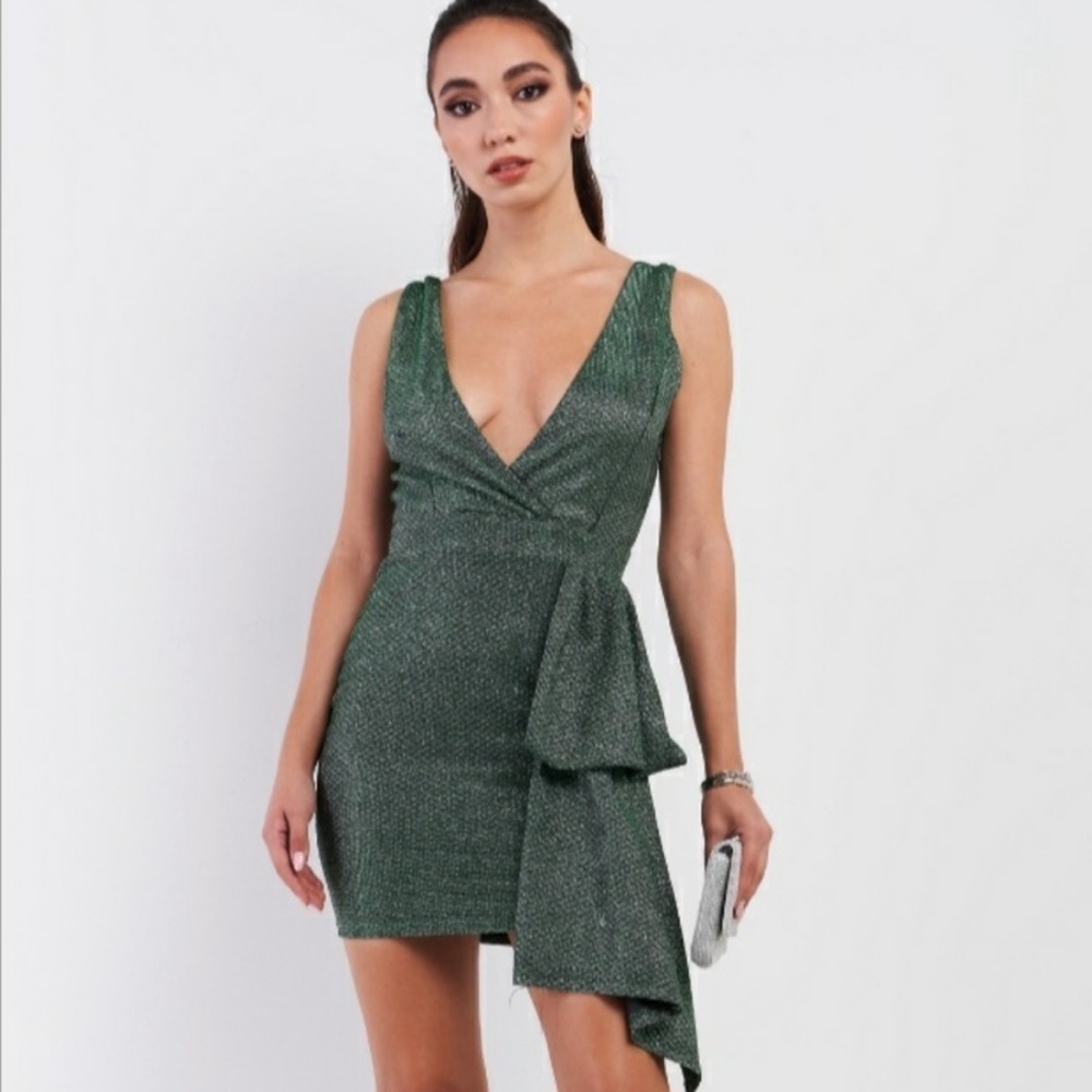 Symphony Green Shimmer Deep V-Neck Draped Bodycon Mini Dress Holiday Cocktail